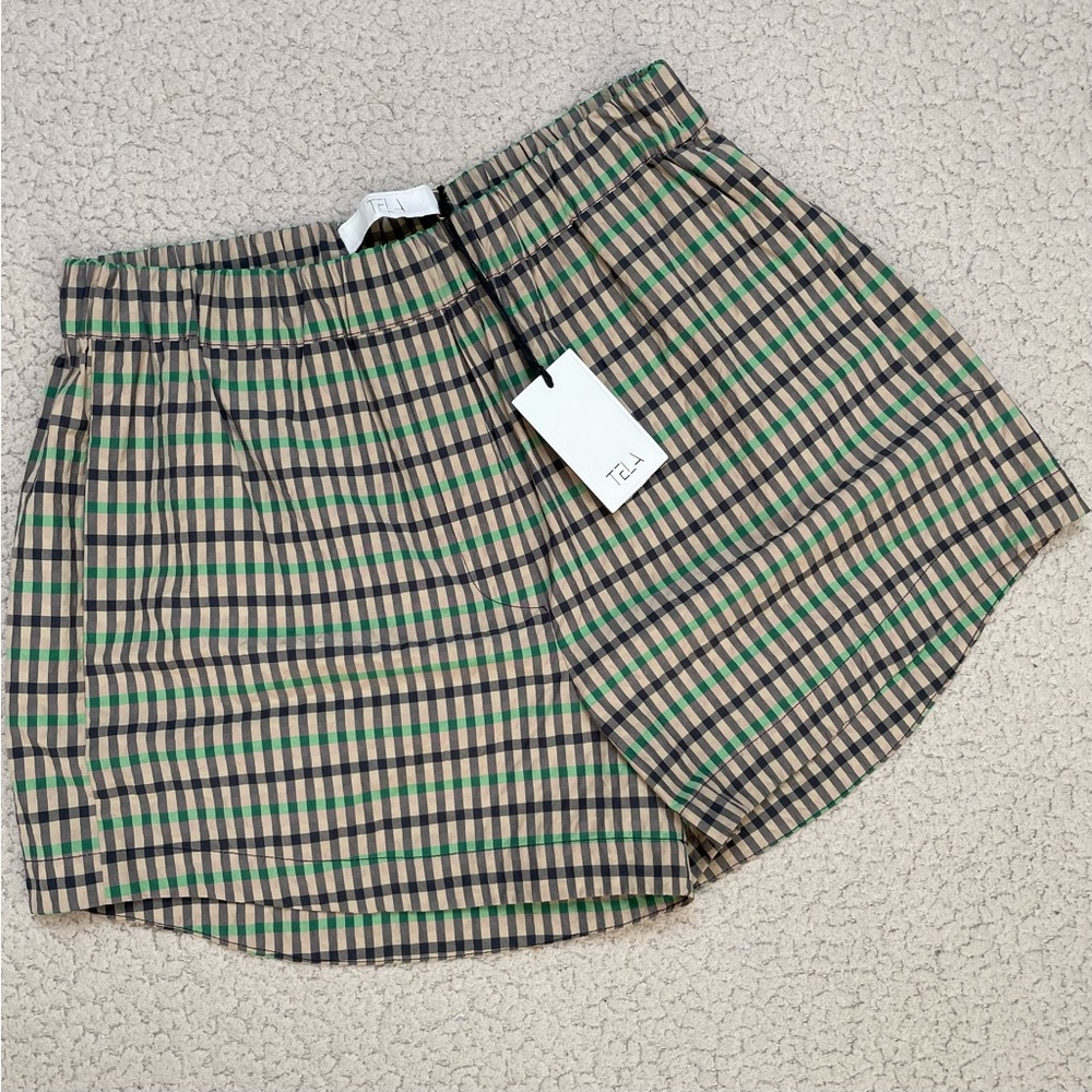 Tela 9 Oberon Blue Green Check Elastic Waist Trouser Shorts